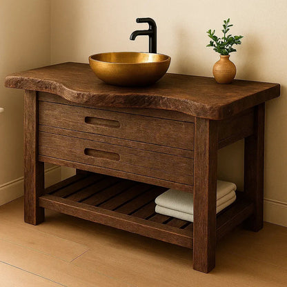 Handcrafted Solid Wood Bathroom Vanity – Rustic Live Edge Base with Drawers and Slatted Shelf Kitchnce