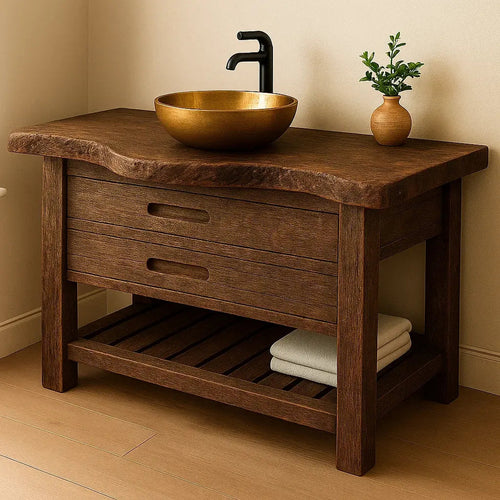 Handcrafted Solid Wood Bathroom Vanity – Rustic Live Edge Base with Drawers and Slatted Shelf Kitchnce