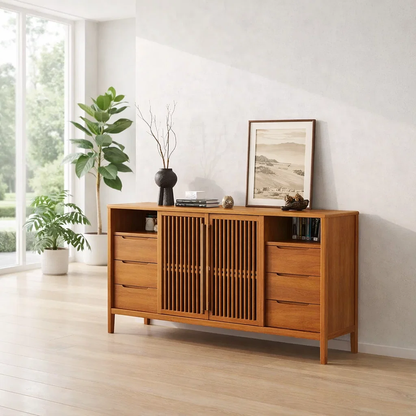 Large Sideboard Cabinet with Slatted Doors and Drawers – Modern Storage Console