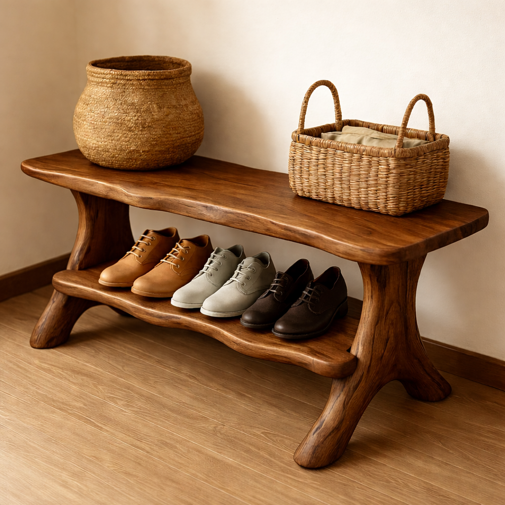 Rustic Solid Wood Shoe Storage Bench – Entryway Wooden Bench with Open Shelf Kitchnce