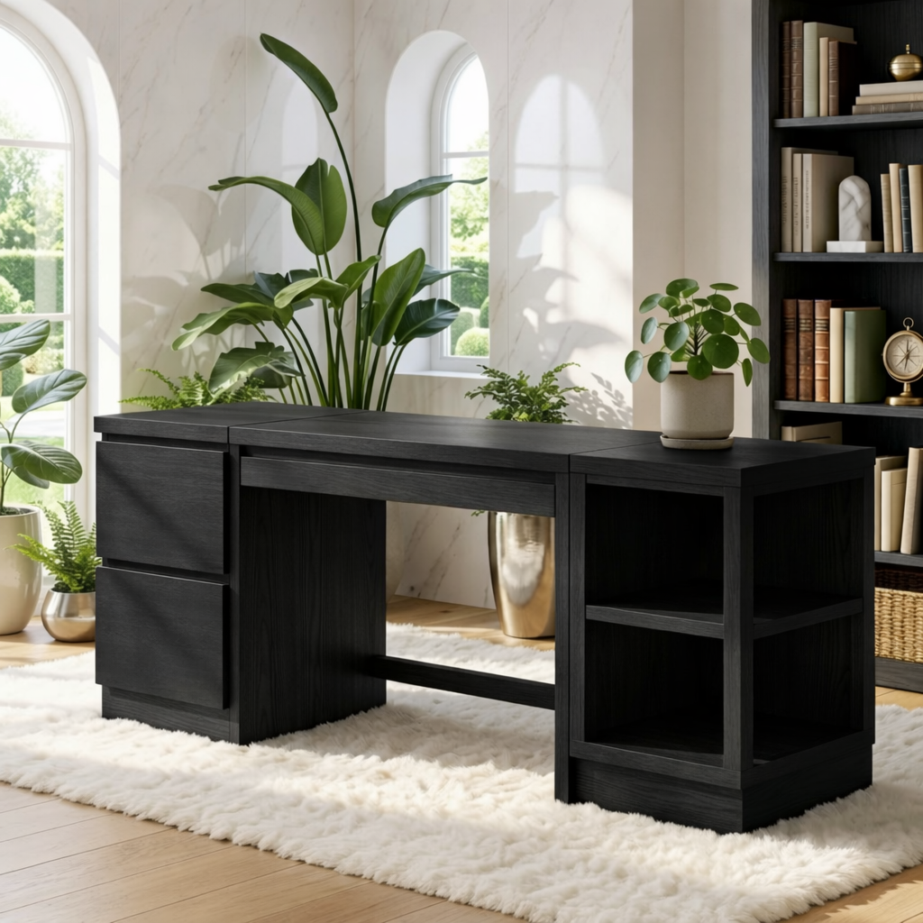 Modern Executive Desk with Storage Cabinet and Shelves Home Office Work Table Design