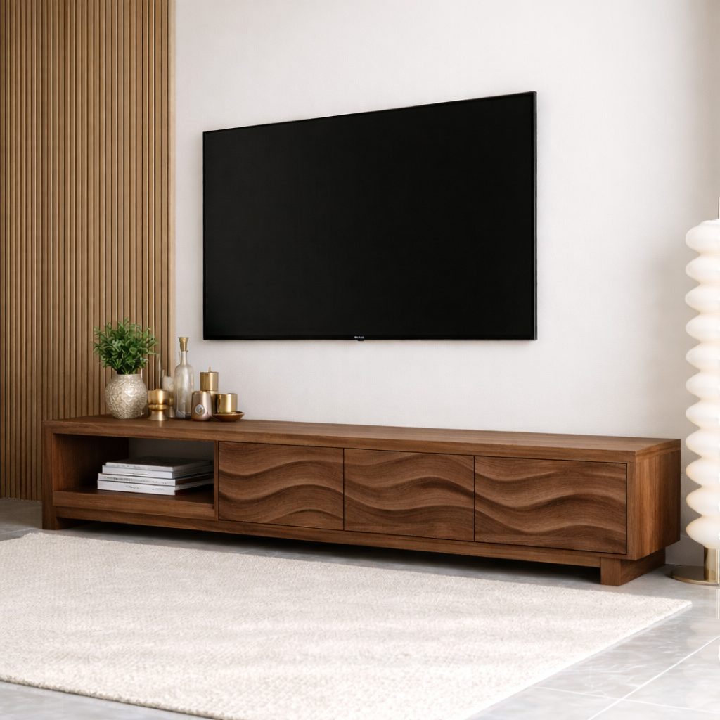 Mid Century Solid Wood TV Stand Wave Front Media Console Long Entertainment Unit Kitchnce