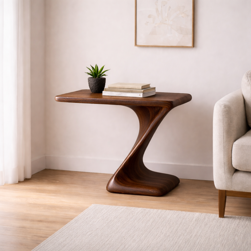 Solid Walnut Sculptural End Table – Modern Curved Wood Side Table for Living Room Kitchnce