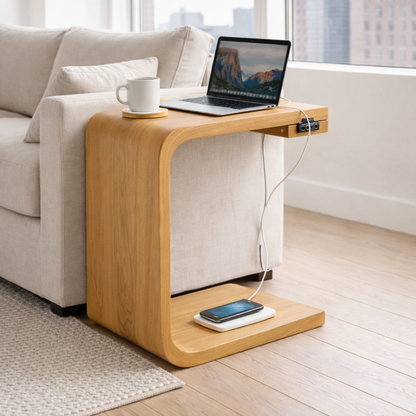 Solid Wood C-Shaped End Table with Charging Port – Modern Sofa Side Table Kitchnce