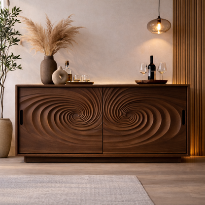 Solid Walnut Console Table with Carved Spiral Doors – Modern Wooden Sideboard