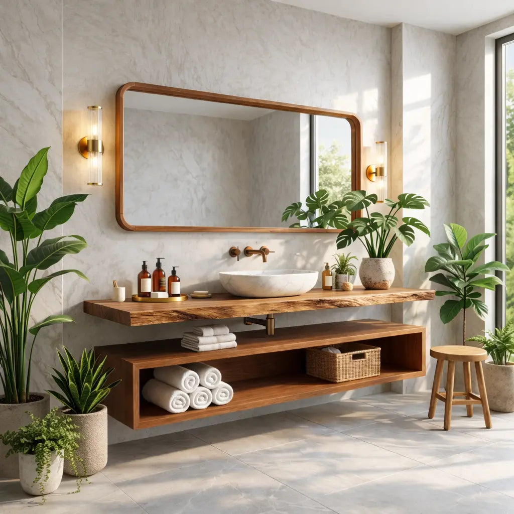 Floating Vanity with Natural Wood Finish and Open Shelf for Bathroom Kitchnce