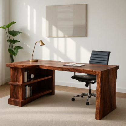Modern L-Shaped Walnut Desk with Open Shelf – Sculptural Corner Workspace