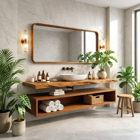 Floating Vanity with Natural Wood Finish and Open Shelf for Bathroom Kitchnce