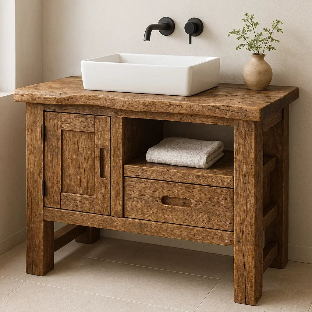 Handcrafted Solid Wood Bathroom Vanity – Rustic Live Edge Base with Drawer and Cabinet Storage Kitchnce