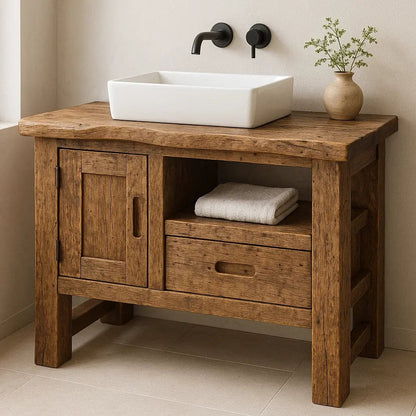 Handcrafted Solid Wood Bathroom Vanity – Rustic Live Edge Base with Drawer and Cabinet Storage Kitchnce