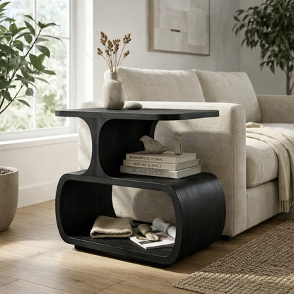Solid Wood Sculptural End Table with Storage Shelves – Modern Curved Side Table