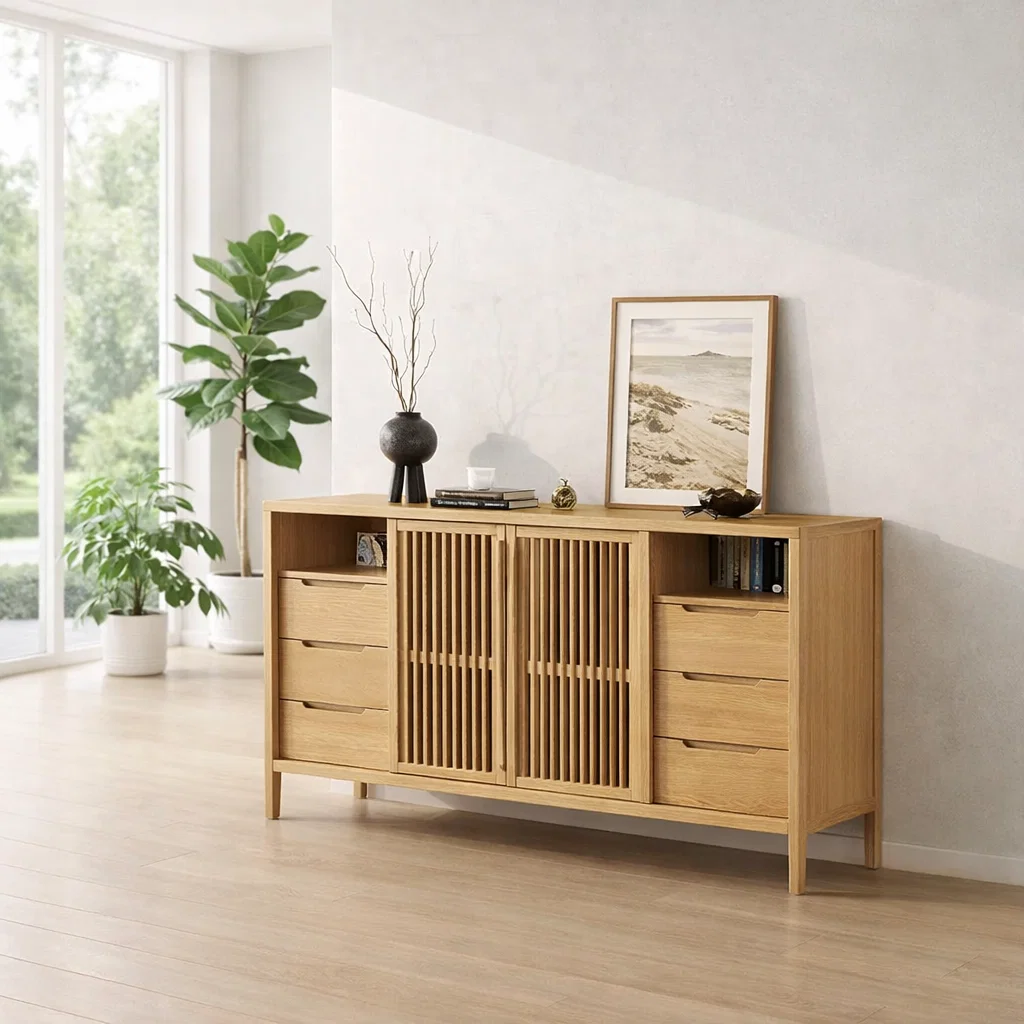 Large Sideboard Cabinet with Slatted Doors and Drawers – Modern Storage Console