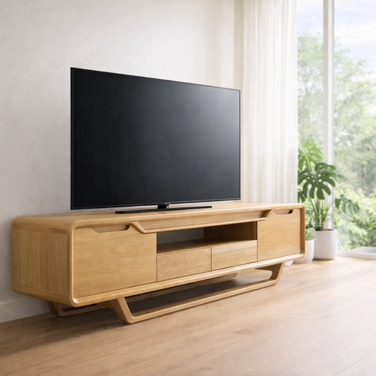 Modern Solid Wood TV Console with Curved Edges & Storage Cabinets