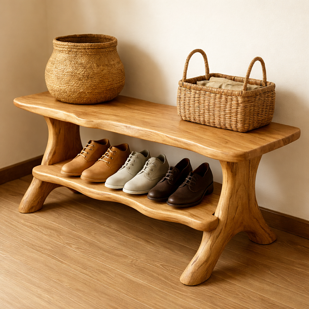 Rustic Solid Wood Shoe Storage Bench – Entryway Wooden Bench with Open Shelf Kitchnce