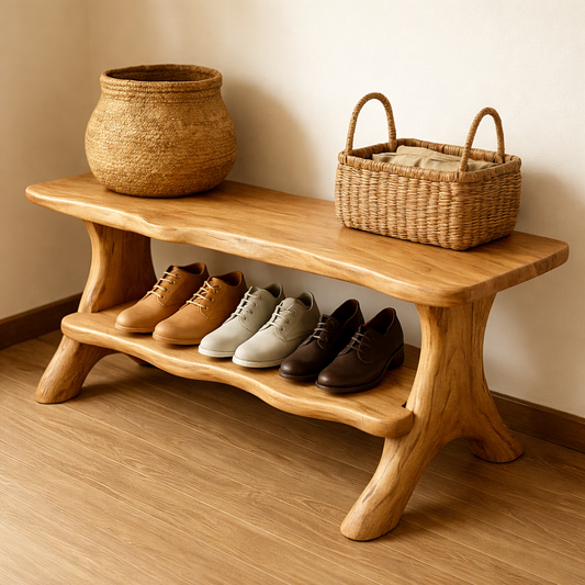 Rustic Solid Wood Shoe Storage Bench – Entryway Wooden Bench with Open Shelf Kitchnce