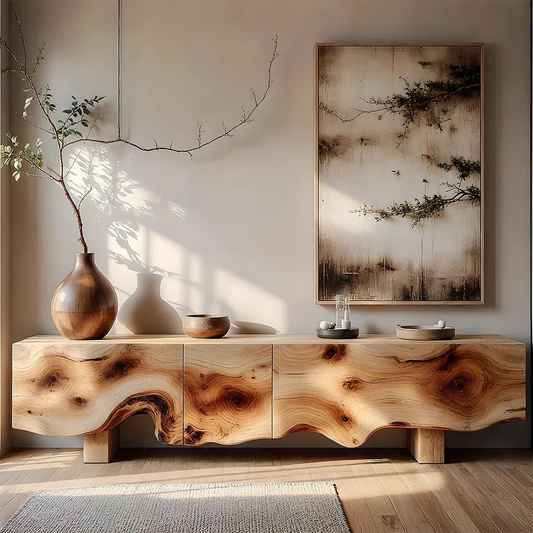 Solid Wood Media Console with Live Edge, Modern Rustic TV Stand Cabinet with Storage