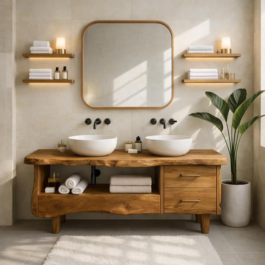 Rustic Double Bathroom Vanity Cabinet With Live Edge Wood Top And Drawers Kitchnce