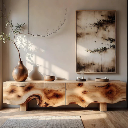 Solid Wood Media Console with Live Edge, Modern Rustic TV Stand Cabinet with Storage