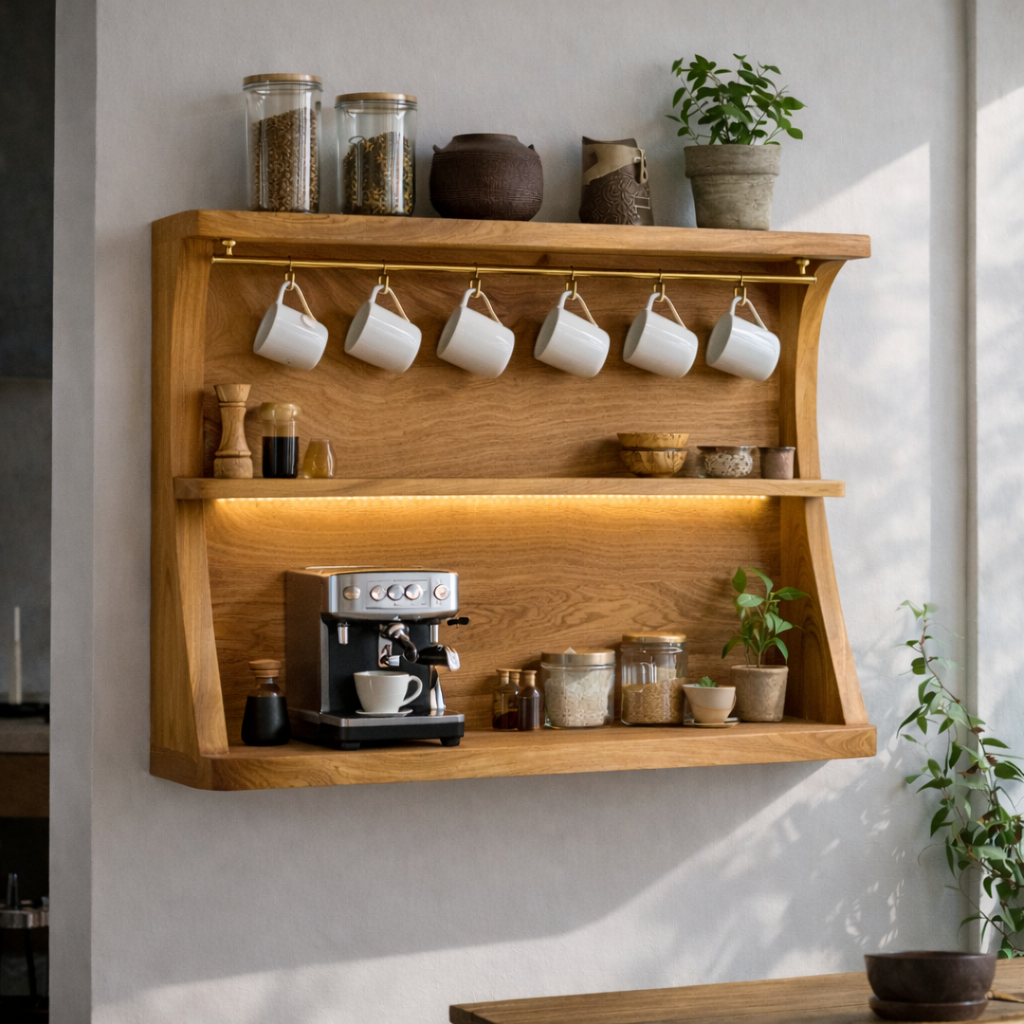 Solid Wood Floating Kitchen Cabinet with Coffee Station | Modern Kitchen Shelf