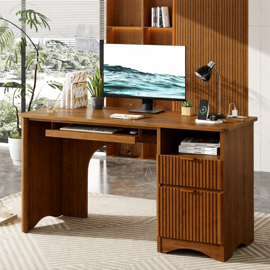Modern Computer Desk with Drawers, Home Office Workstation, Writing Table with Storage Shelf
