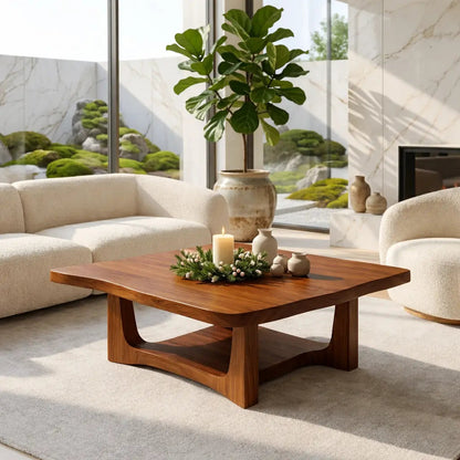 Solid Oak Coffee Table with Curved Edges and Open Base, Modern Japanese Style Living Room Table Kitchnce