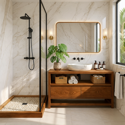Modern Oak Bathroom Vanity with Marble Sink and LED Mirror Kitchnce