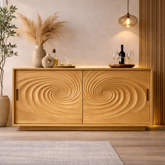 Solid Walnut Console Table with Carved Spiral Doors – Modern Wooden Sideboard