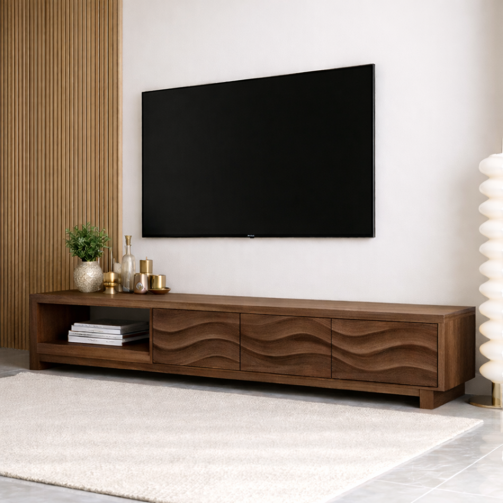 Mid Century Solid Wood TV Stand Wave Front Media Console Long Entertainment Unit Kitchnce