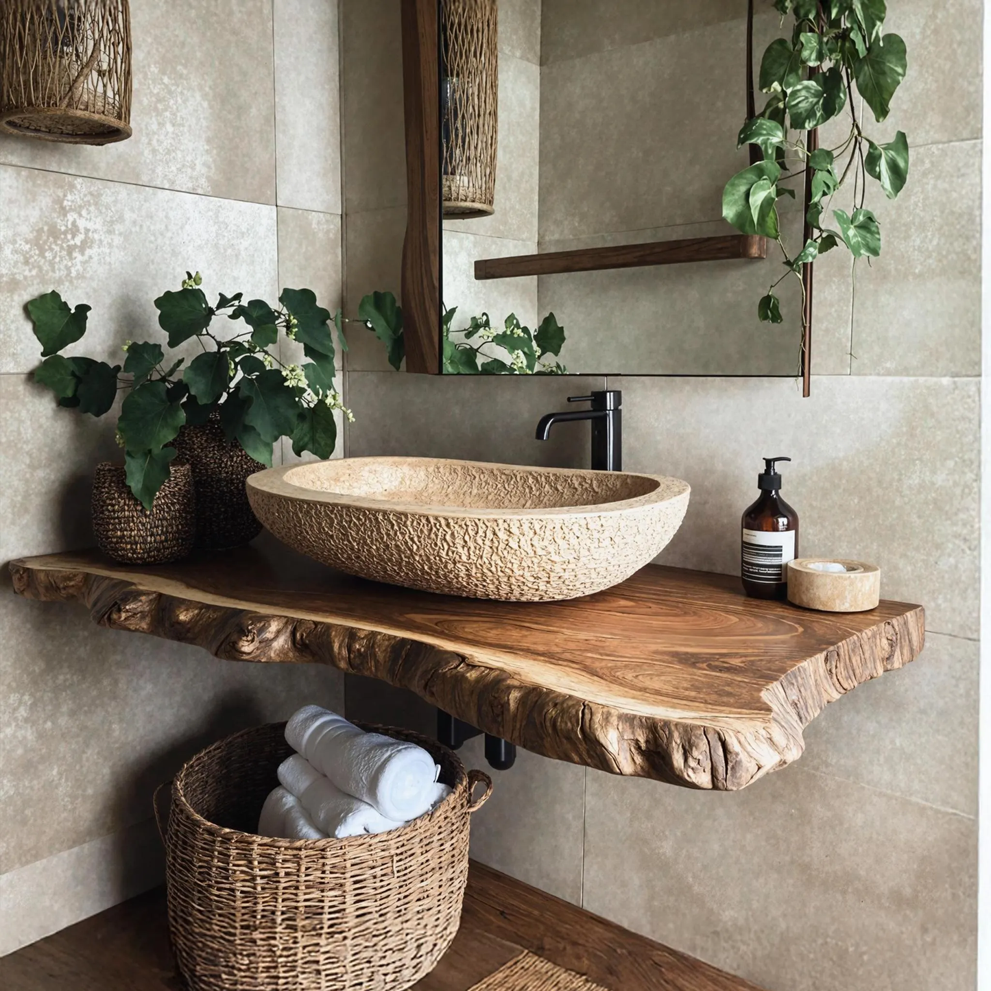 Solid Wood Floating Vanity Live Edge Wall Mount – Rustic Natural Style