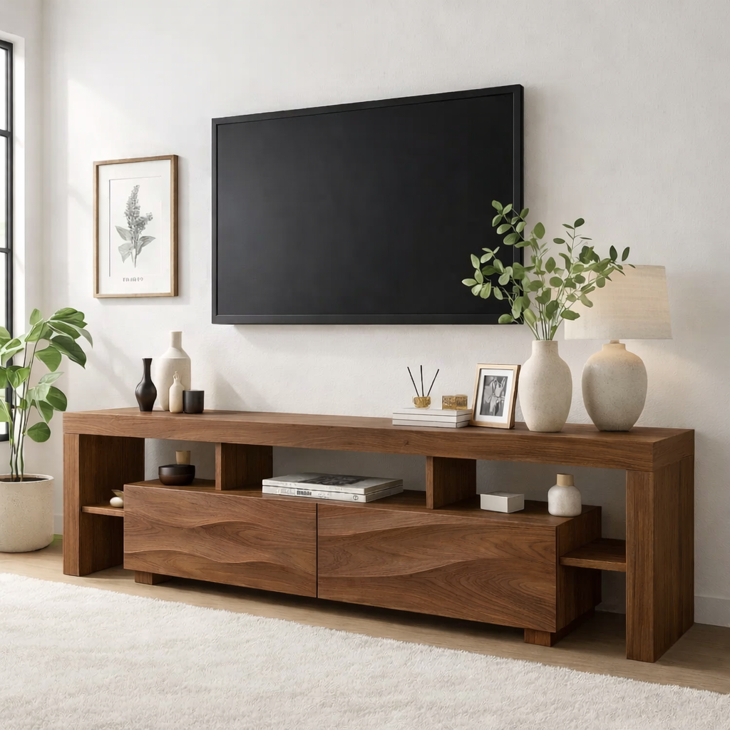Modern Wave Front Wood TV Stand Long Media Console With Open Shelves Entertainment Center Kitchnce