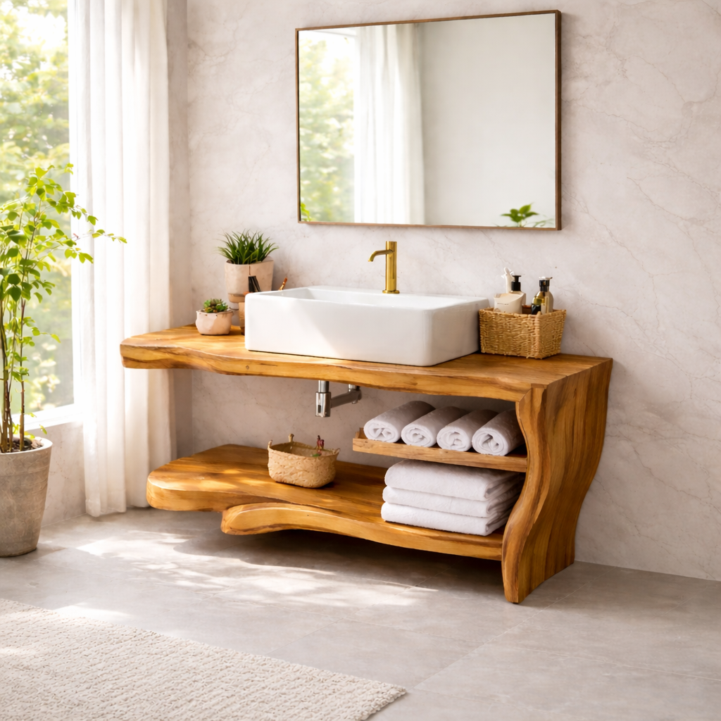 Live Edge Solid Wood Bathroom Vanity with Shelf – Rustic Modern Floating Vanity
