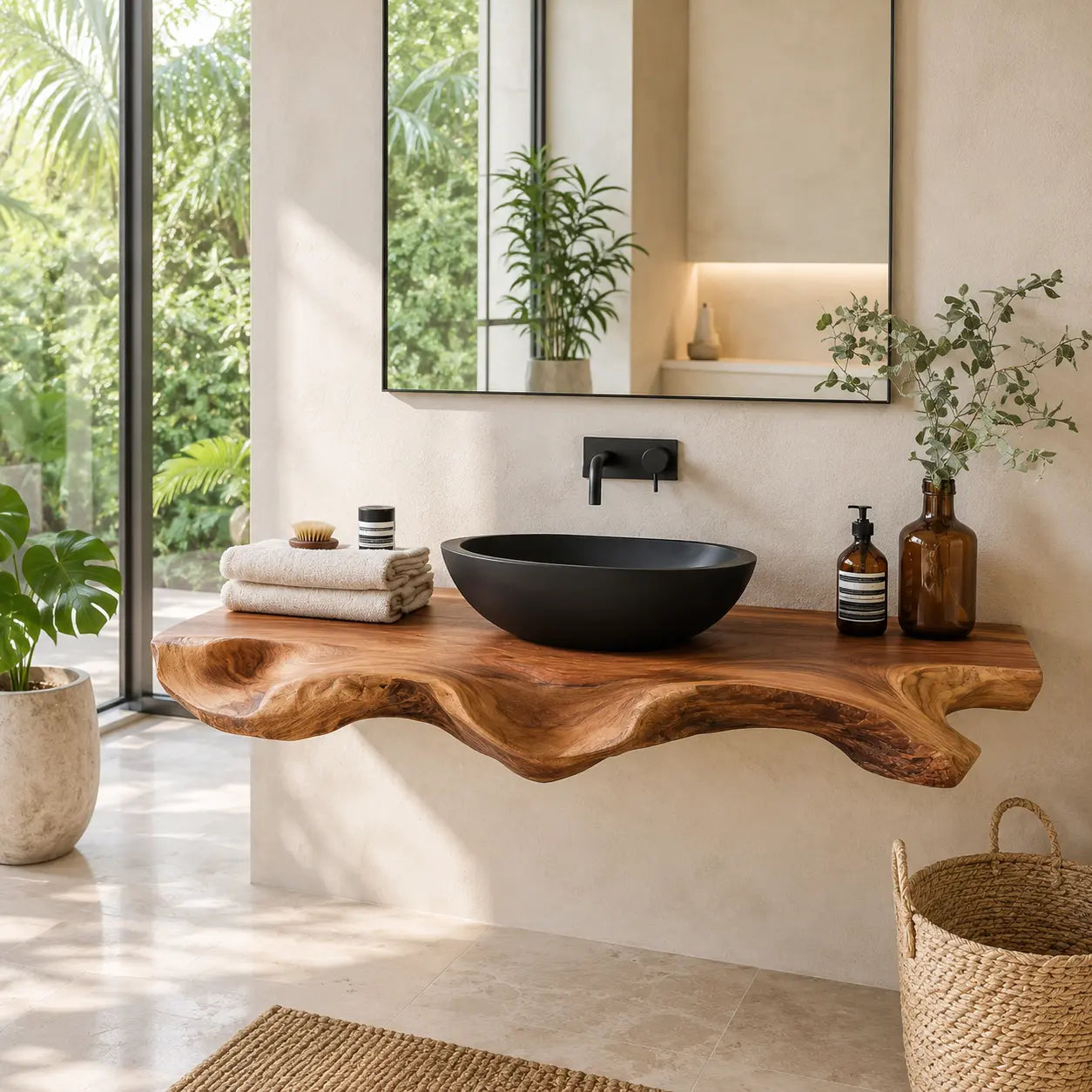 Sculptural Live Edge Vanity Shelf | Modern Solid Wood Floating Bathroom Kitchnce
