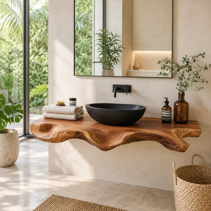 Sculptural Live Edge Vanity Shelf | Modern Solid Wood Floating Bathroom Kitchnce