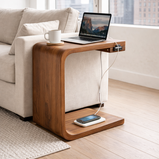 Solid Wood C-Shaped End Table with Charging Port – Modern Sofa Side Table Kitchnce