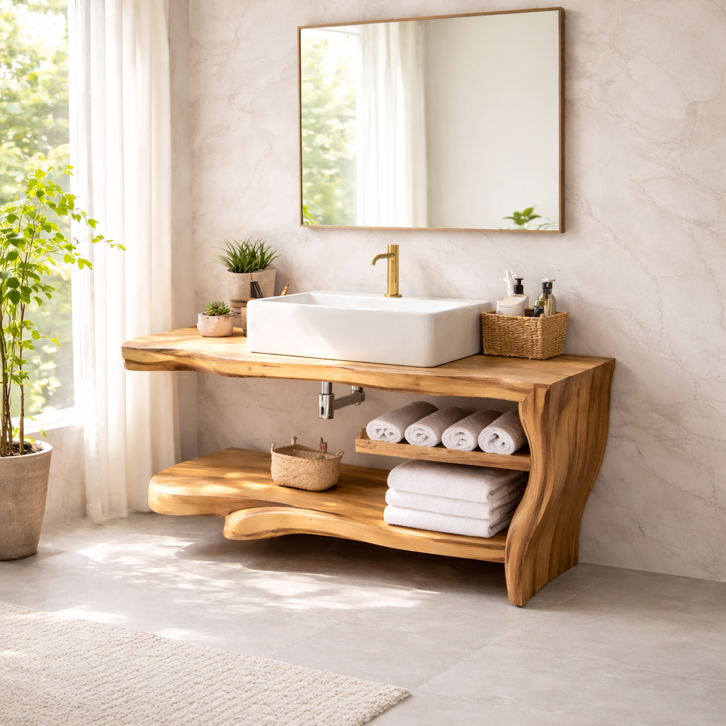 Live Edge Solid Wood Bathroom Vanity with Shelf – Rustic Modern Floating Vanity