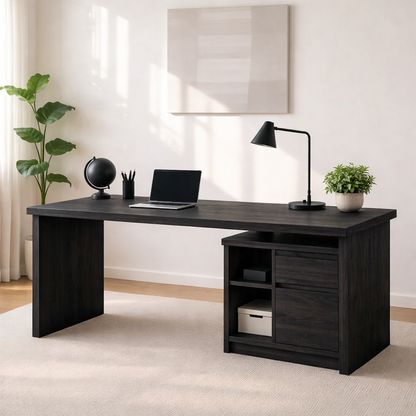 Modern Walnut Desk with Storage Cabinet – Minimalist Home Office Setup