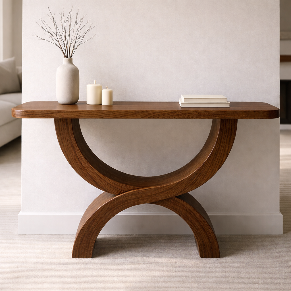 Modern Solid Wood Console Table, Sculptural Arch Base Entryway Hallway Statement Furniture