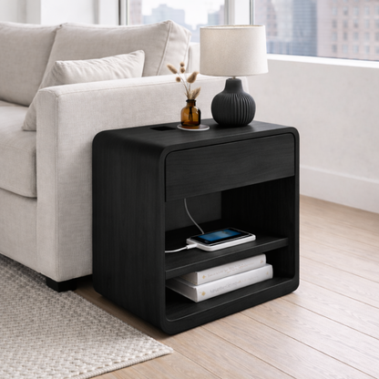Solid Wood End Table with Drawer and Shelf – Modern Bedside Side Table with Storage Kitchnce