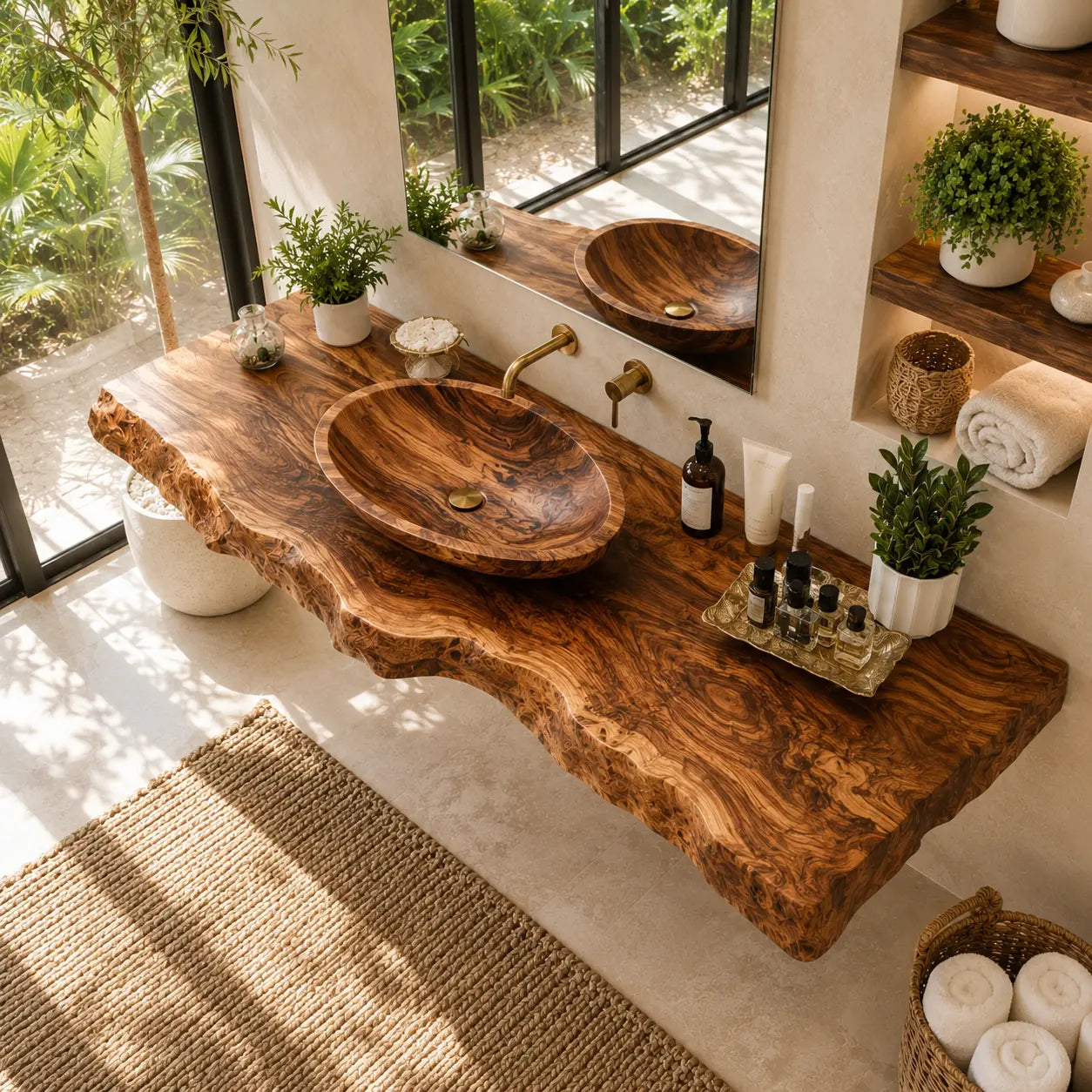 Burl Wood Vanity Shelf with Carved Sink | Live Edge Floating Bathroom Kitchnce