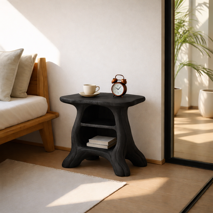 Modern Wooden Nightstand with Curved Base and Spacious Shelves - Wood Design Kitchnce