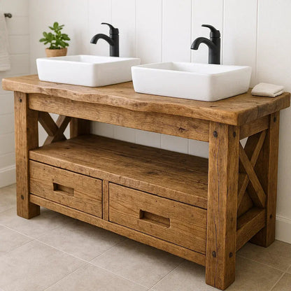 Handcrafted Solid Wood Bathroom Vanity – Rustic Live Edge Double Base with Drawers and Cross-Leg Design Kitchnce