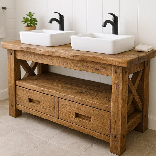 Handcrafted Solid Wood Bathroom Vanity – Rustic Live Edge Double Base with Drawers and Cross-Leg Design Kitchnce
