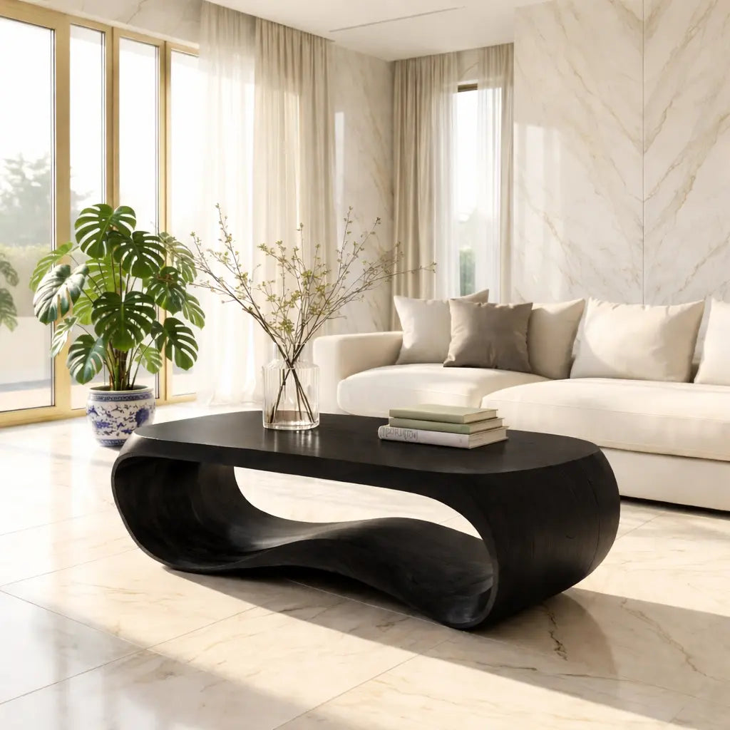 Contemporary Sculptural Wood Coffee Table with Curved Design Kitchnce