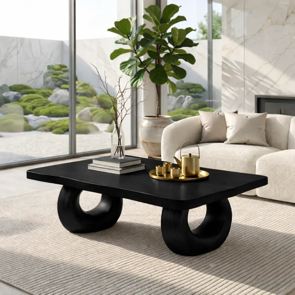 Solid Wood Sculptural Coffee Table with Round Carved Base, Modern Designer Living Room Table Kitchnce