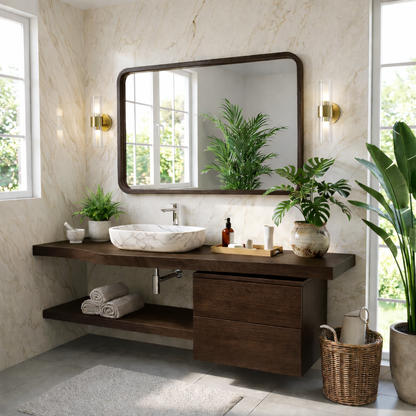Floating Bathroom Vanity with Natural Wood Finish and Open Shelf Kitchnce