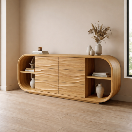 Wave Carved Walnut Console Cabinet - Curved Sideboard with Organic Textures