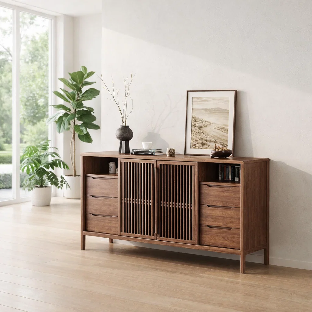 Large Sideboard Cabinet with Slatted Doors and Drawers – Modern Storage Console