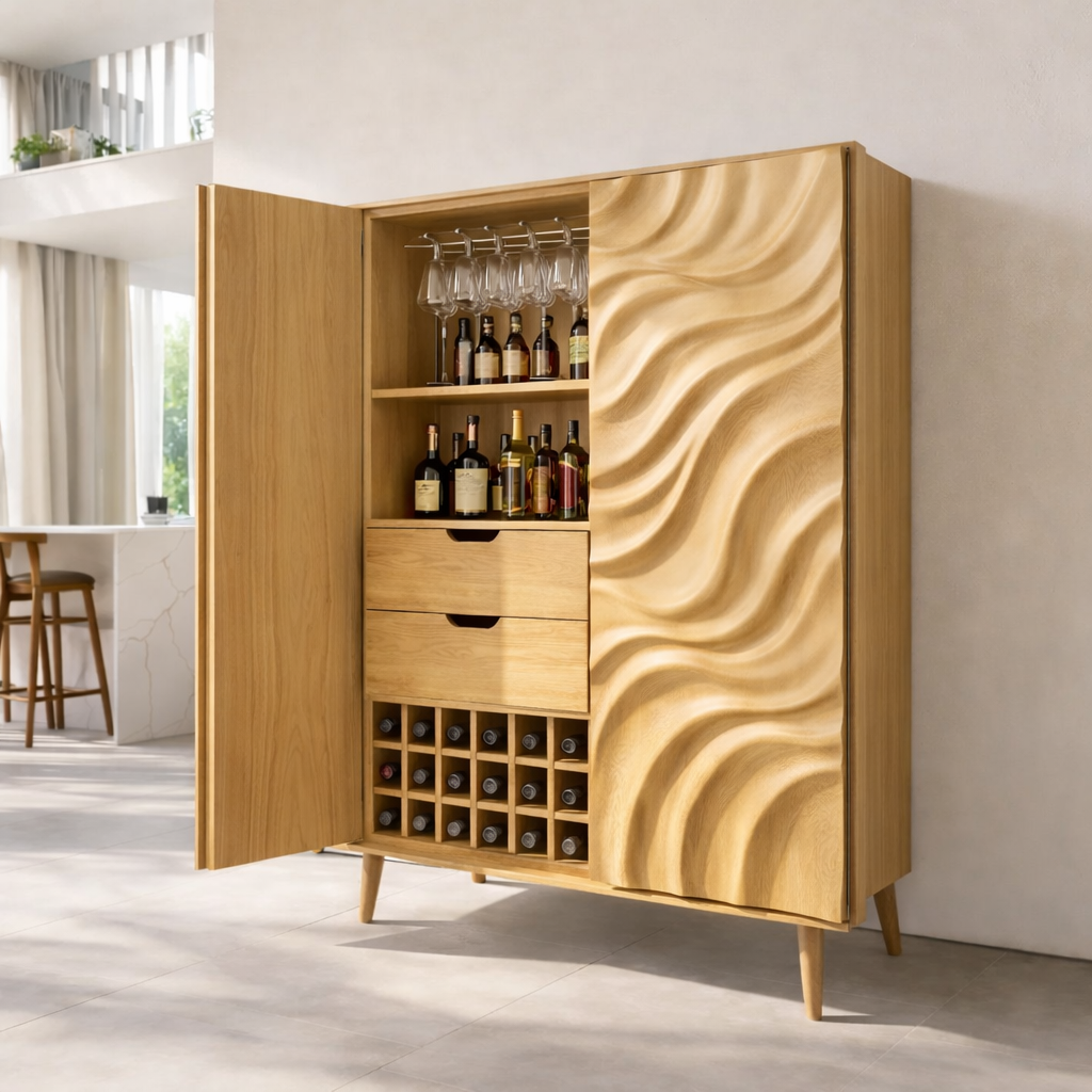 Solid Wood Bar Cabinet with Wine Rack – Modern Liquor Storage Cabinet