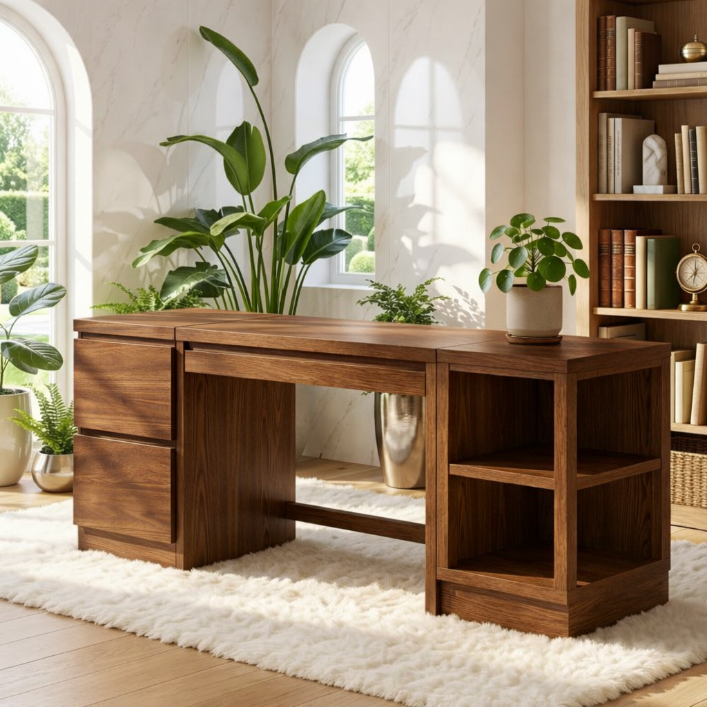 Modern Executive Desk with Storage Cabinet and Shelves Home Office Work Table Design