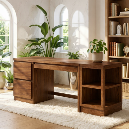 Modern Executive Desk with Storage Cabinet and Shelves Home Office Work Table Design